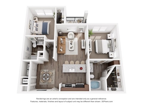 Floor plan for 2 beds, 2 baths, 1017 sqft
